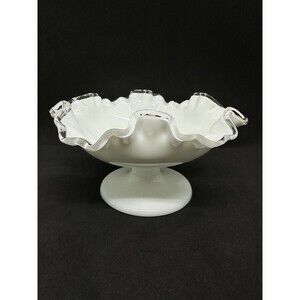 Vintage Fenton Milk Glass Bowl Pedestal Ruffle Silver Crest Candy Dish Scalloped